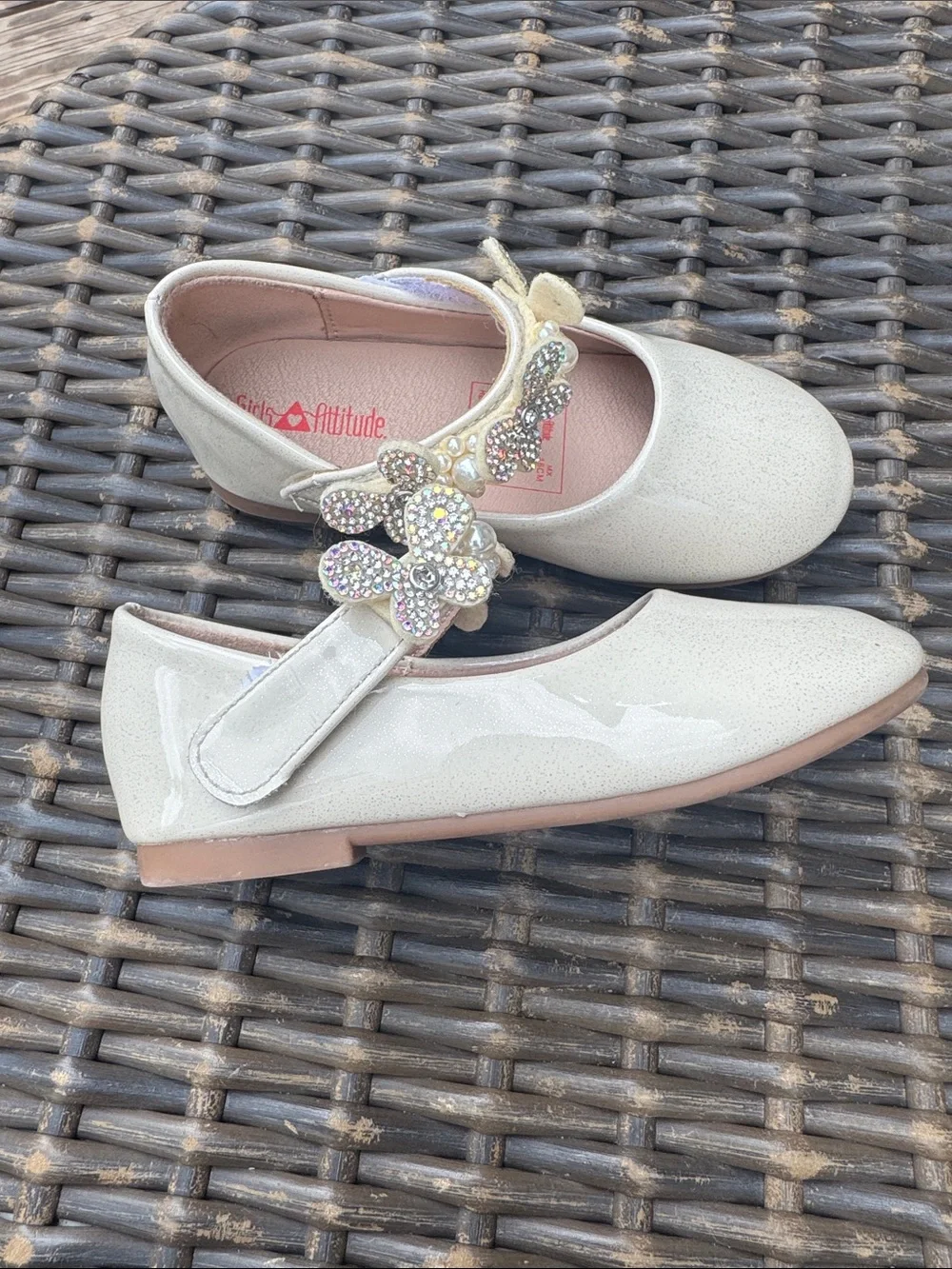 Girls' Cream Patent Mary Jane with Jeweled Butterfly Strap
